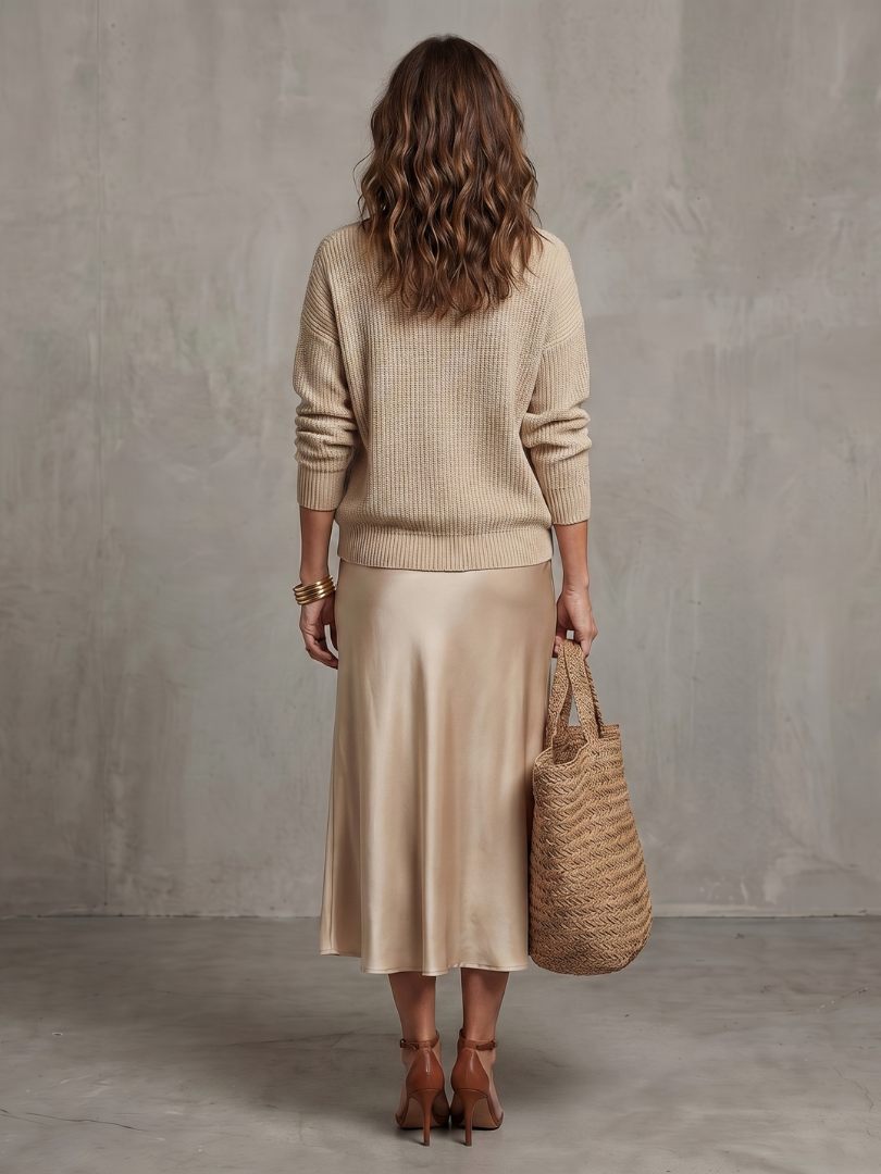 Luciana | Conjunto de falda de satén en sesgo para otoño y capa de punto