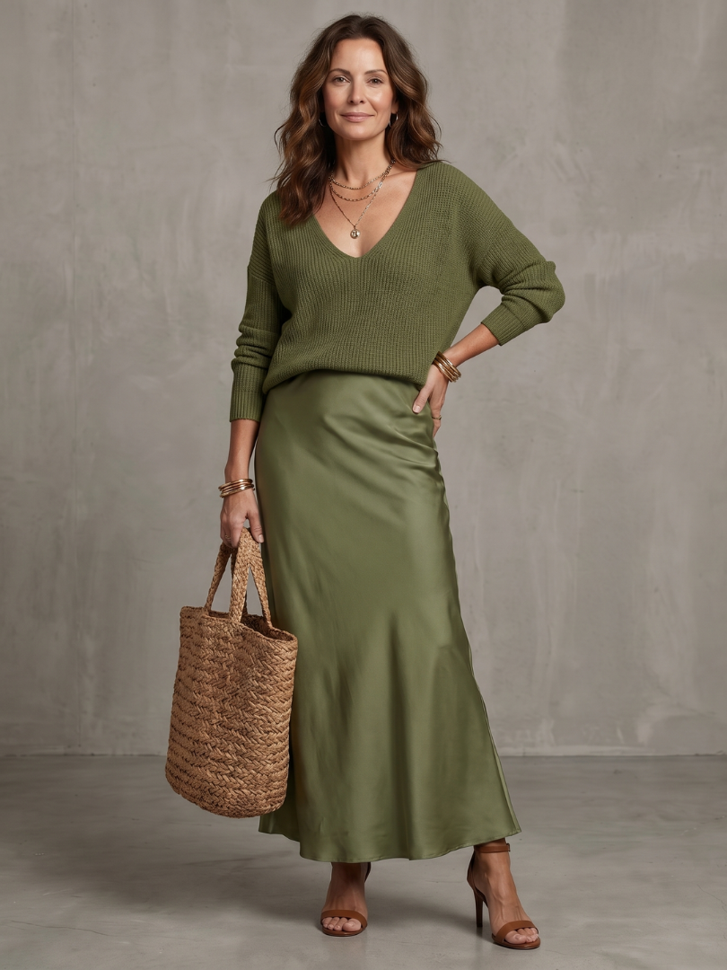 Luciana | Conjunto de falda de satén en sesgo para otoño y capa de punto