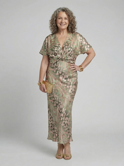 Coral | Vestido midi con estampado abstracto, escote en V y cintura con nudo