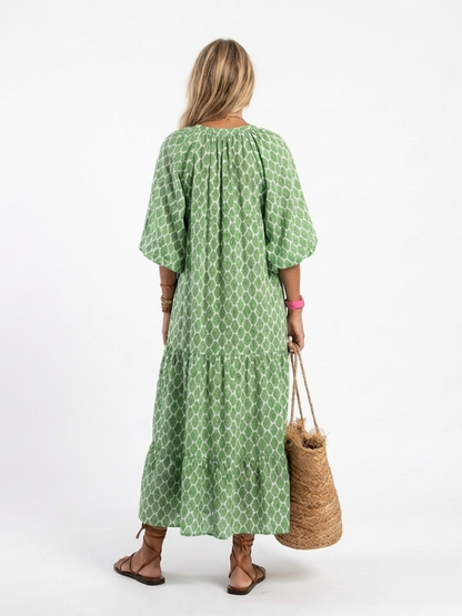 Mercedes | Vestido midi estampado con manga tres cuartos y escote en V