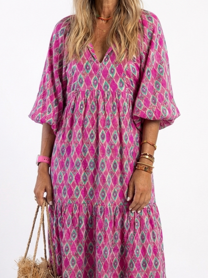 Mercedes | Vestido midi estampado con manga tres cuartos y escote en V