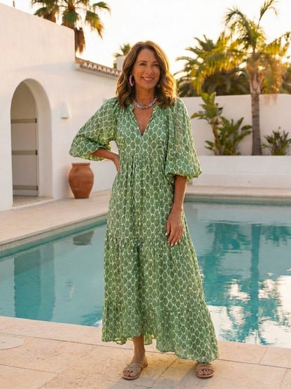Mercedes | Vestido midi estampado con manga tres cuartos y escote en V