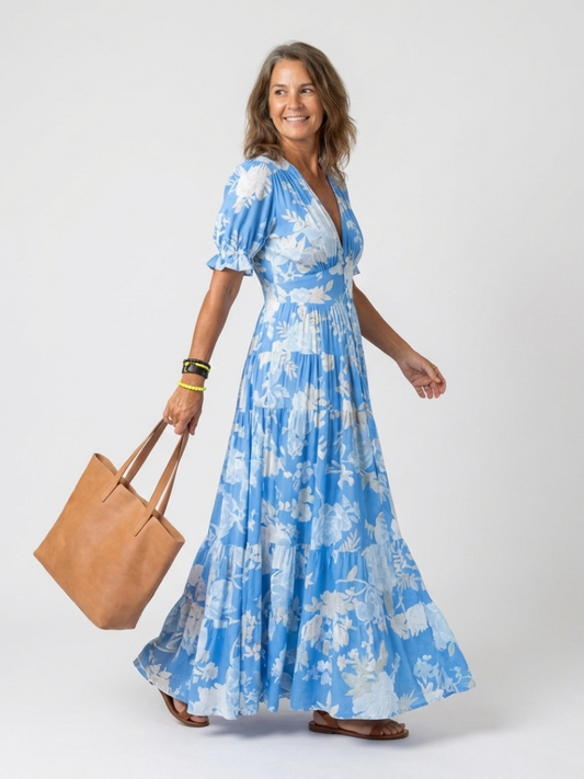 Aurora | Vestido midi con estampado floral de manga corta y escote en V