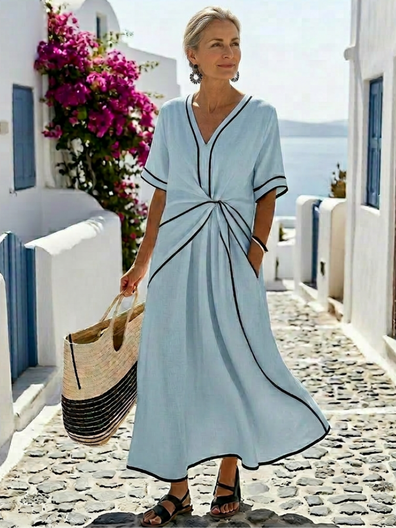 Inma | Vestido midi con escote en V y manga corta, cintura fruncida