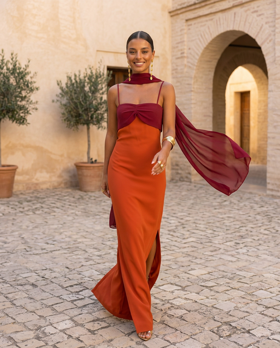 Sahara | Vestido en naranja con escote en rojo